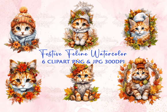 Download Festive Feline Watercolor Clipart - Premium Resources